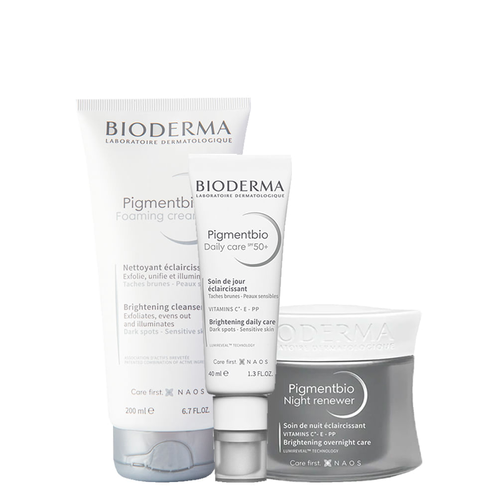 Kit Bioderma Pigmentbio Foaming Cream Sabonete Facial E Corporal 200ml + Creme Night Renewer 50ml + Creme Facial Clareador Daily Care Fps 50+ 40ml