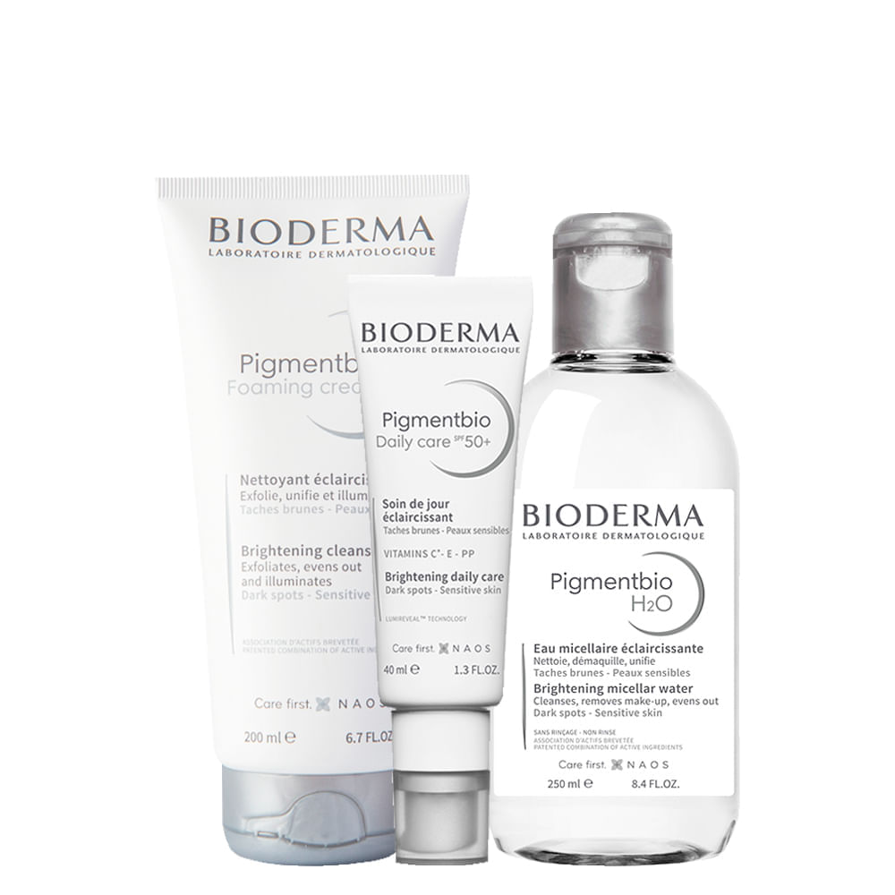 Kit Bioderma Pigmentbio Foaming Cream Sabonete Facial E Corporal 200ml + Água Micelar 250ml + Creme Facial Daily Care Fps 50+ 40ml