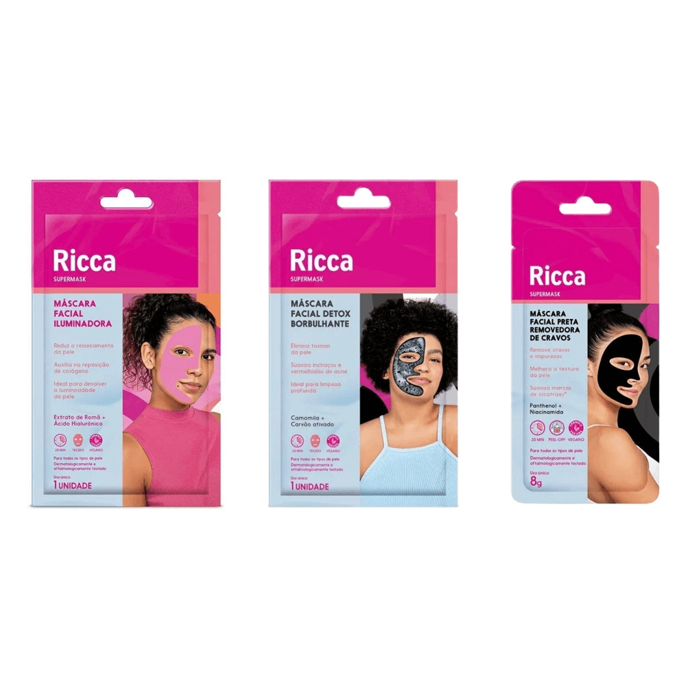 Kit Máscaras Iluminadora + Preta + Borbulhante Ricca