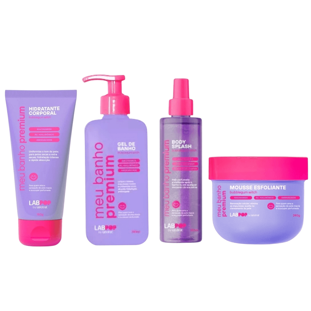 Kit Banho Premium Bubblegum + Hidratante + Esfoliante + Splash Labotrat