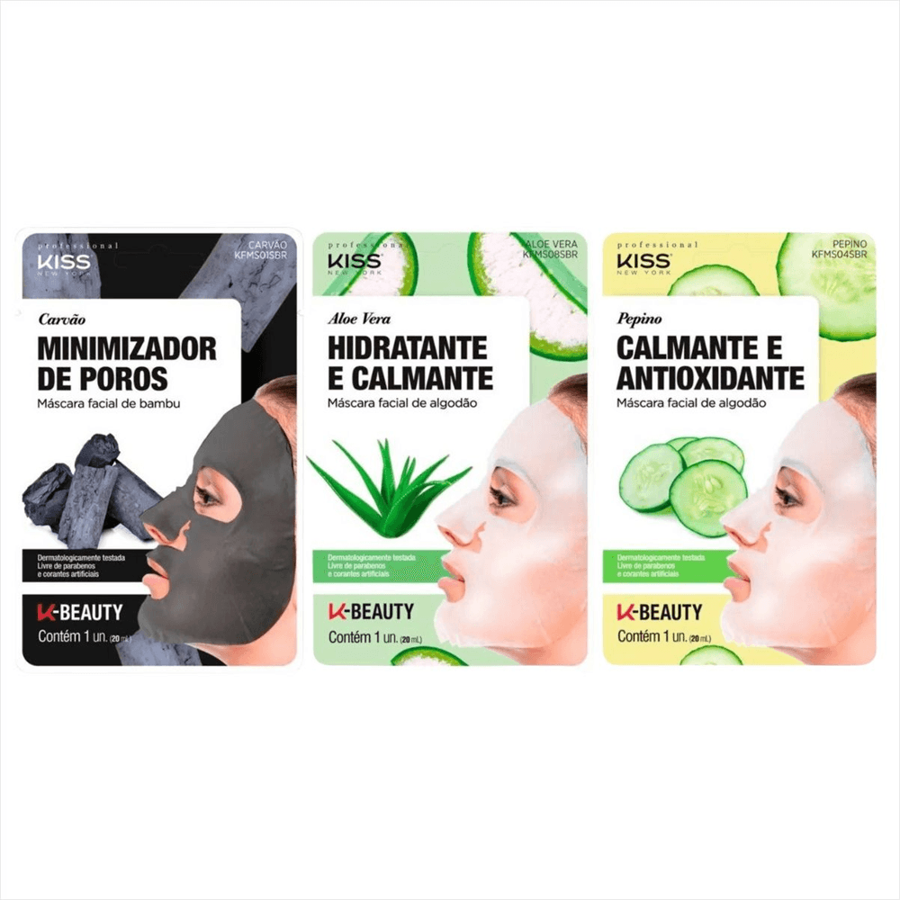 Kit 3 Máscaras Faciais Aloe Vera + Carvão + Pepino Kiss Ny