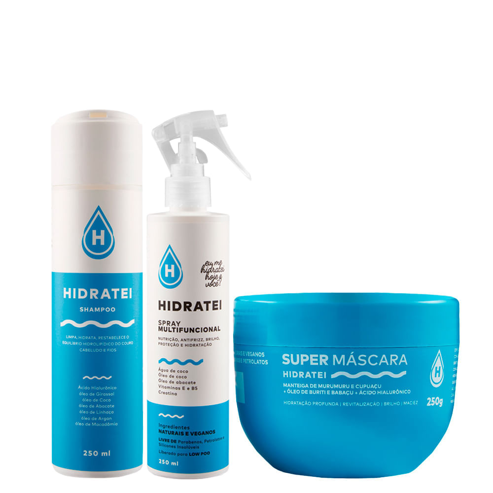 Kit Hidratei   Shampoo Hidratei 250 Ml + Máscara De Hidratação Hidratei 250 G + Leave In Multifuncional Hidratei 250 Ml