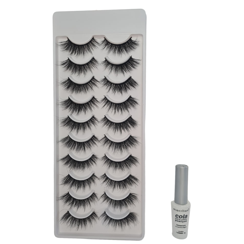 Kit Cola Cílios Postiços+cílios 3d 10 Pares Macrilan