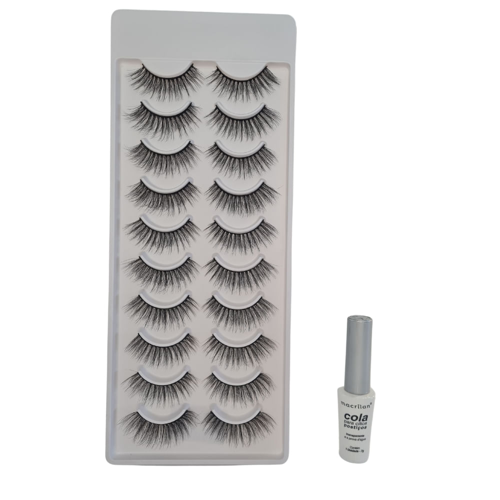 Kit Cola Cílios Postiços +cílios 3d 10 Pares Macrilan