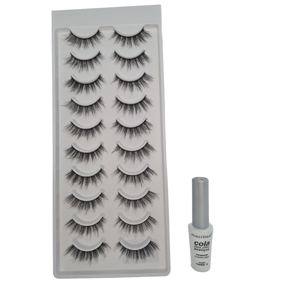Kit Cola Cílios Postiços + Cílios 3d 10 Pares Macrilan