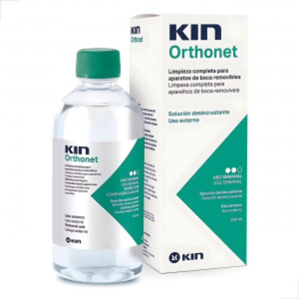 Kin Orthonet Desincrustante Higiene Profissional Próteses Aparelhos Dentários Remoção Placas Limpeza Bucal Eficien 500ml