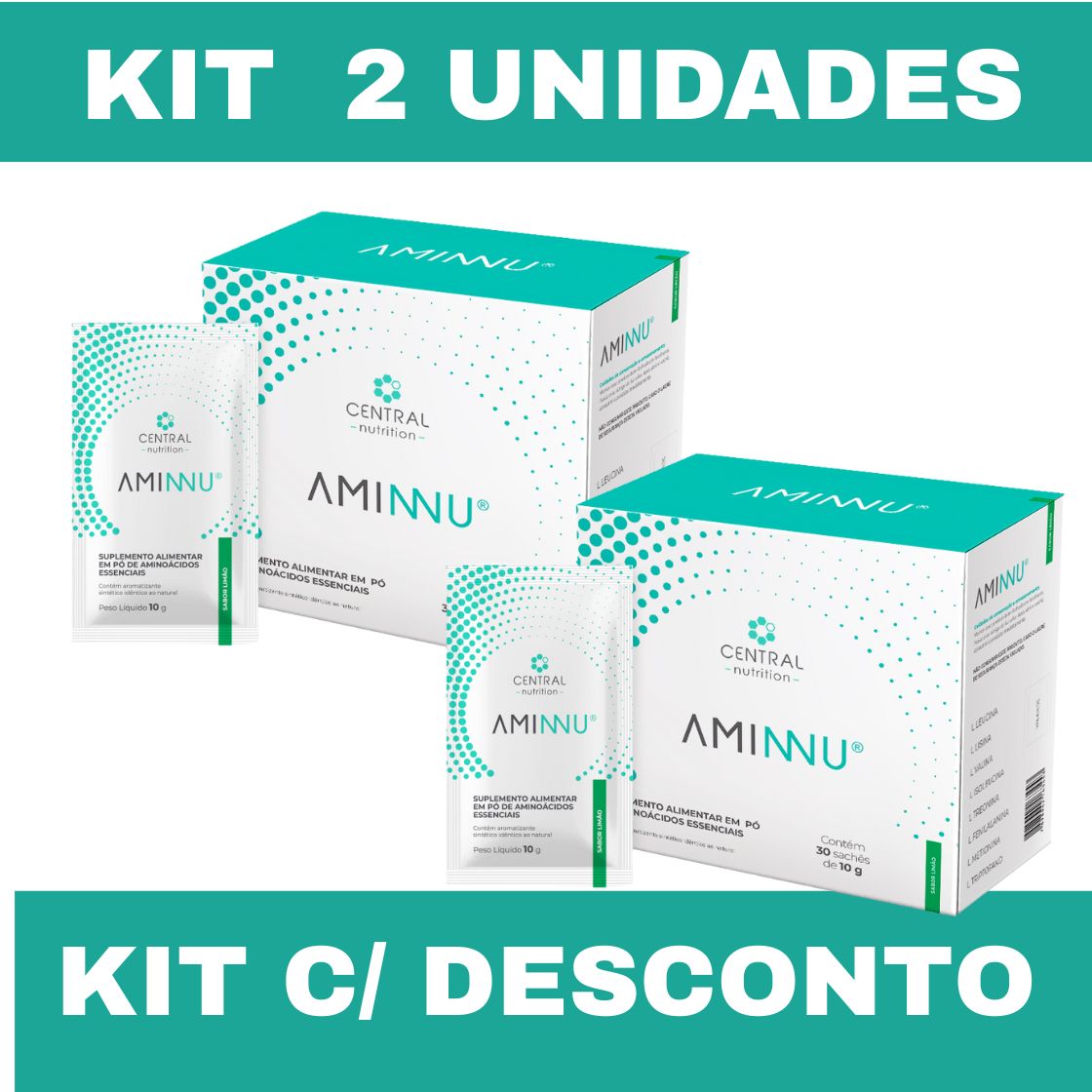 Kit 2 Aminnu Tradicional 10g Com 30 Sachês Sabor Limão Central Nutrition