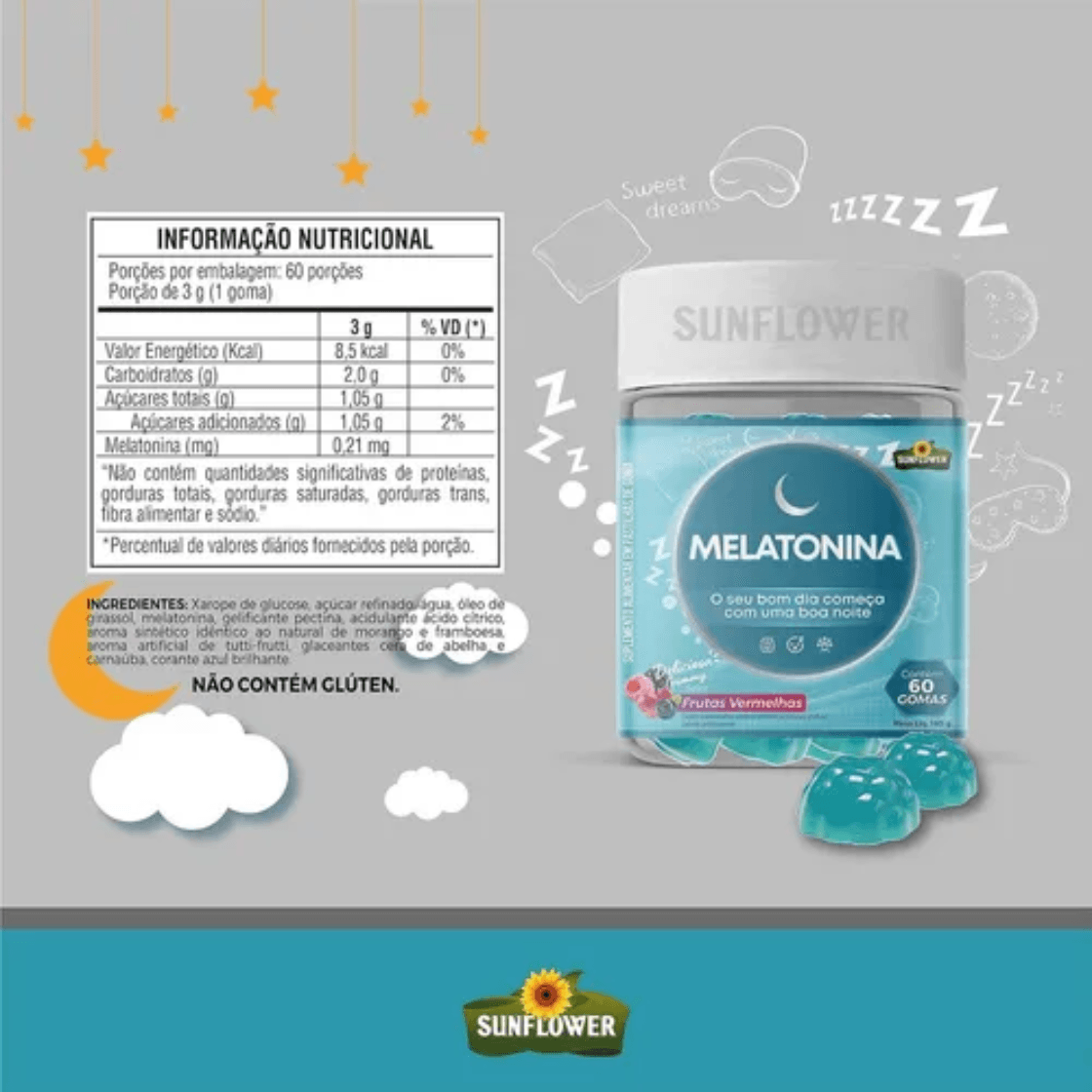 Kit 2 Melatonina Gummy Sabor Frutas Vermelhas Sunflower 60 Gomas