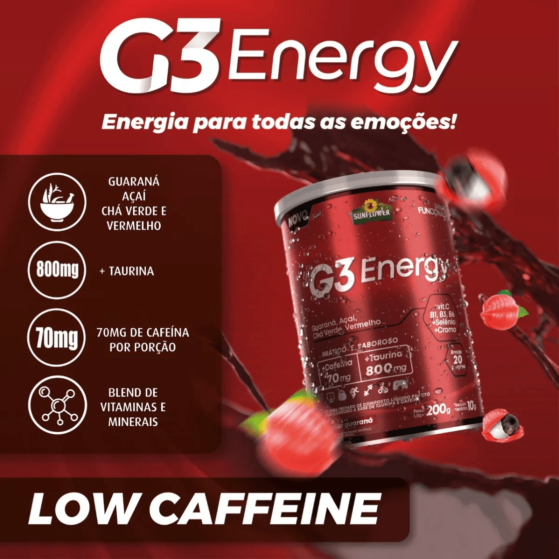 G3 Energy Cafeína Taurina Vitaminas Minerais Pré-treino 200g
