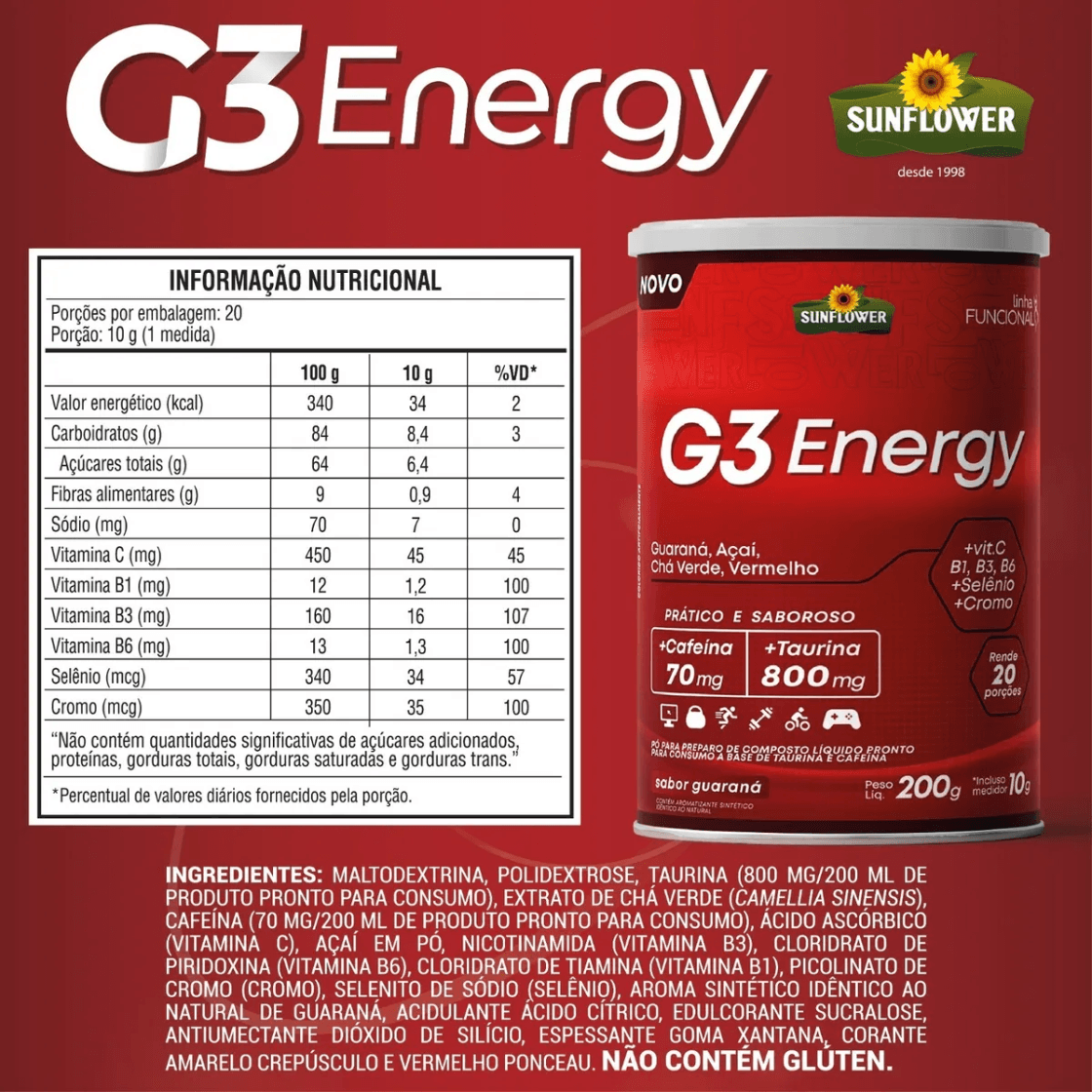 G3 Energy Cafeína Taurina Vitaminas Minerais Pré-treino 200g