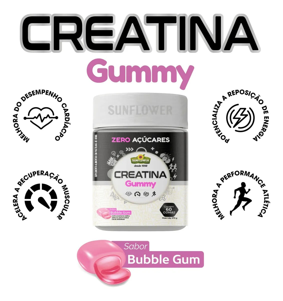 Creatina Monohidratada Gummy Gomas Sunflower Sabor Bubblegum 60 Unidades