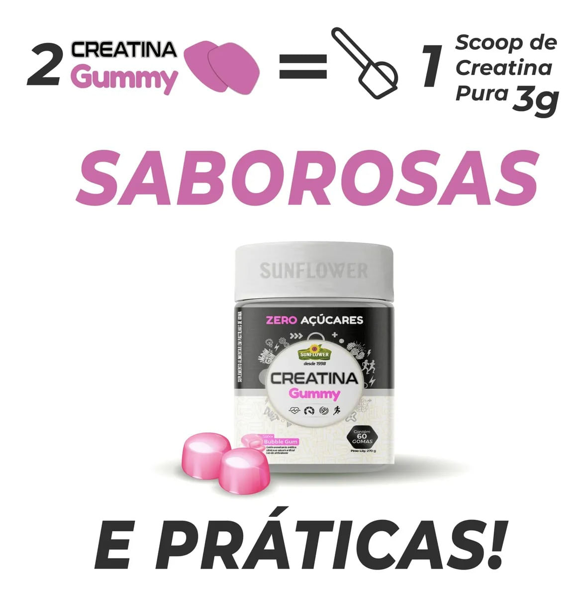 Creatina Monohidratada Gummy Gomas Sunflower Sabor Bubblegum 60 Unidades
