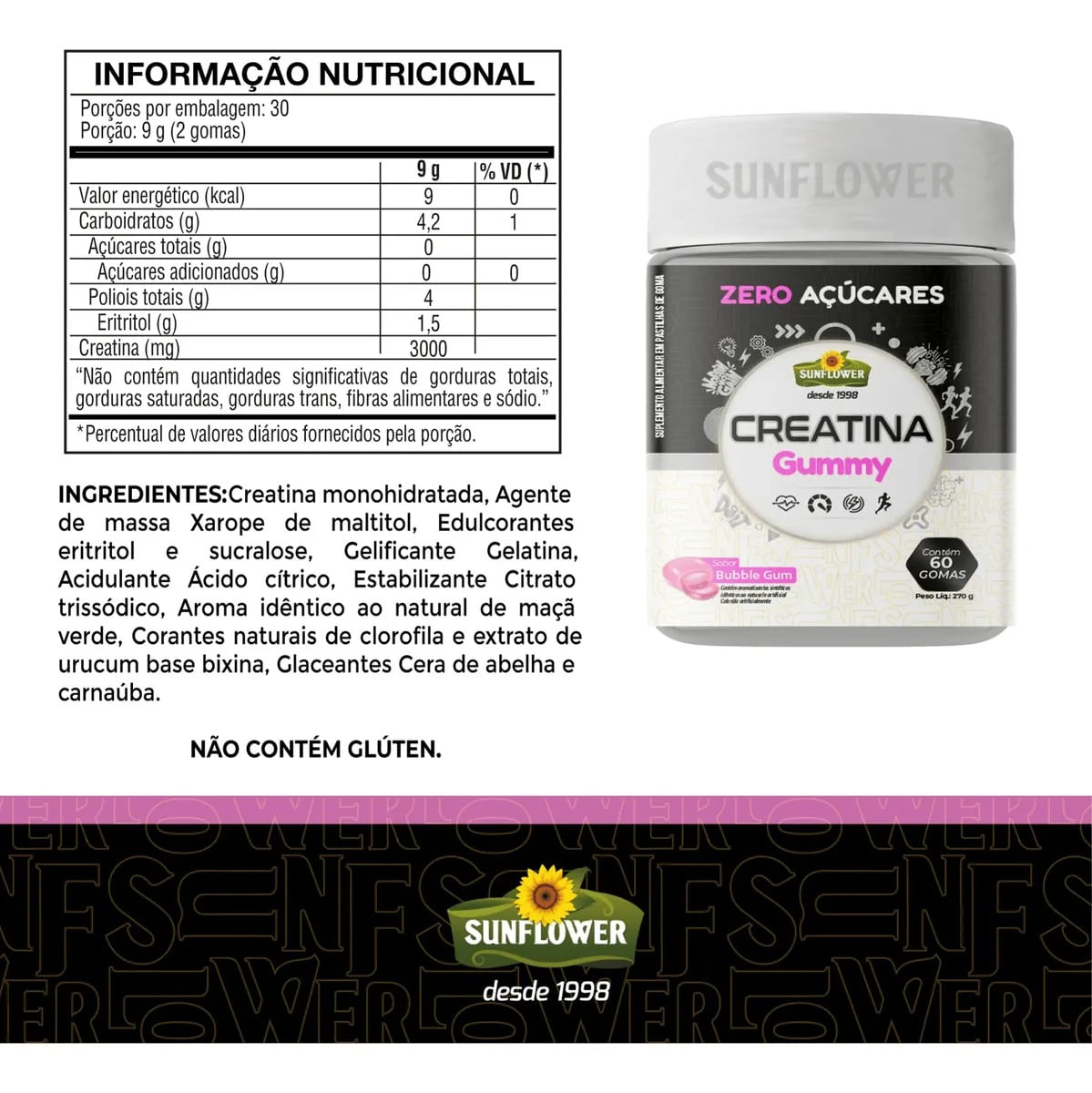 Creatina Monohidratada Gummy Gomas Sunflower Sabor Bubblegum 60 Unidades