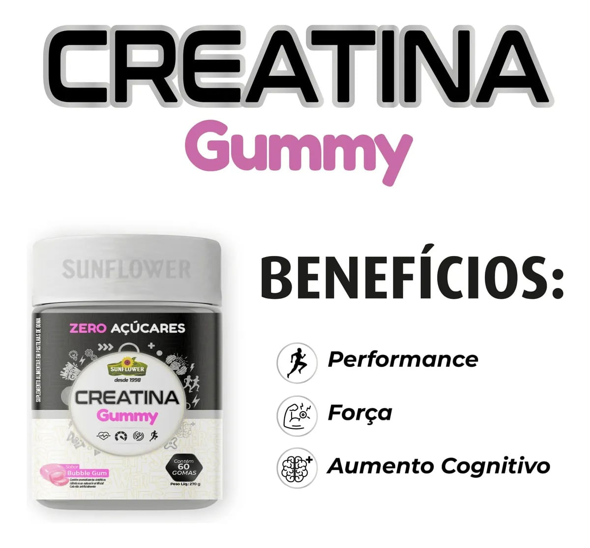 Creatina Monohidratada Gummy Gomas Sunflower Sabor Bubblegum 60 Unidades