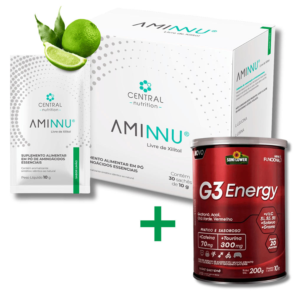 Aminnu® Sem Xilitol Central Nutrition Sabor Limão 10g 30 Sachês + G3 Energy Cafeína Taurina Pré Treino