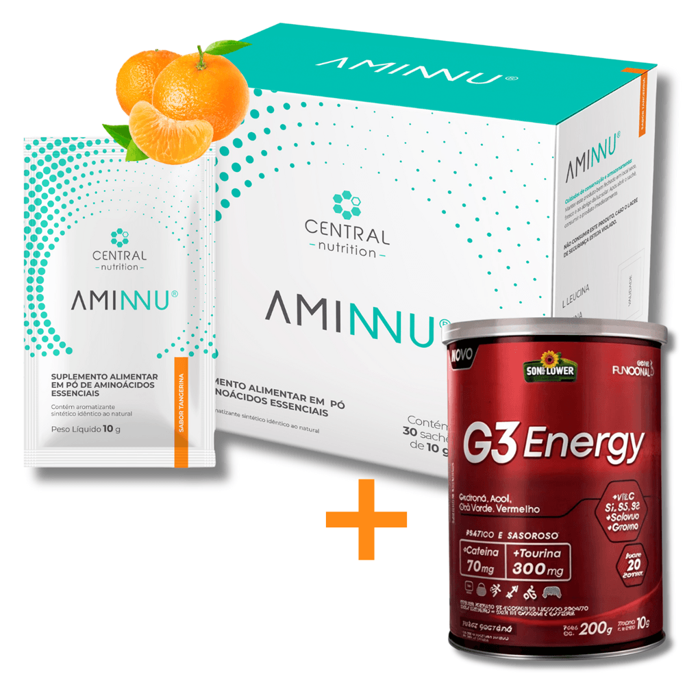 Aminnu® Tradicional Central Nutrition Sabor Tangerina 10g 30 Sachês + G3 Energy Cafeína Taurina Pré Treino