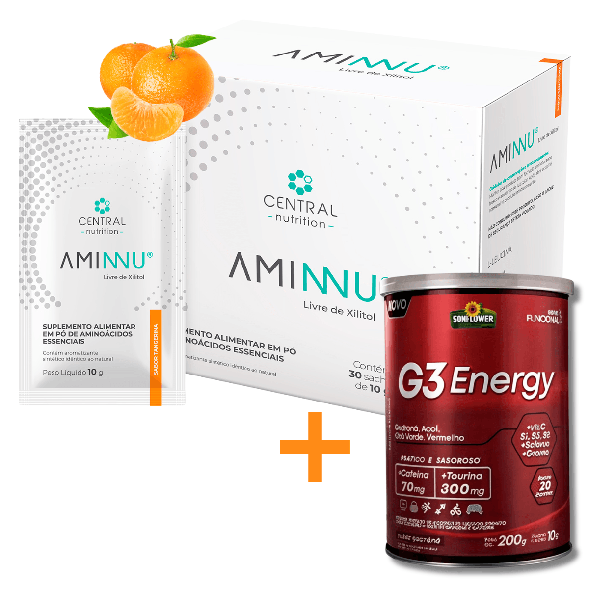 Aminnu® Sem Xilitol Central Nutrition Sabor Tangerina 10g 30 Sachês + G3 Energy Cafeína Taurina Pré Treino