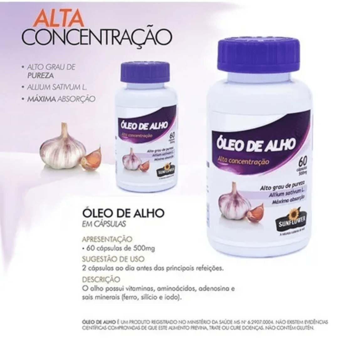 Óleo De Alho Desodorizado Sunflower 700mg 60 Cápsulas