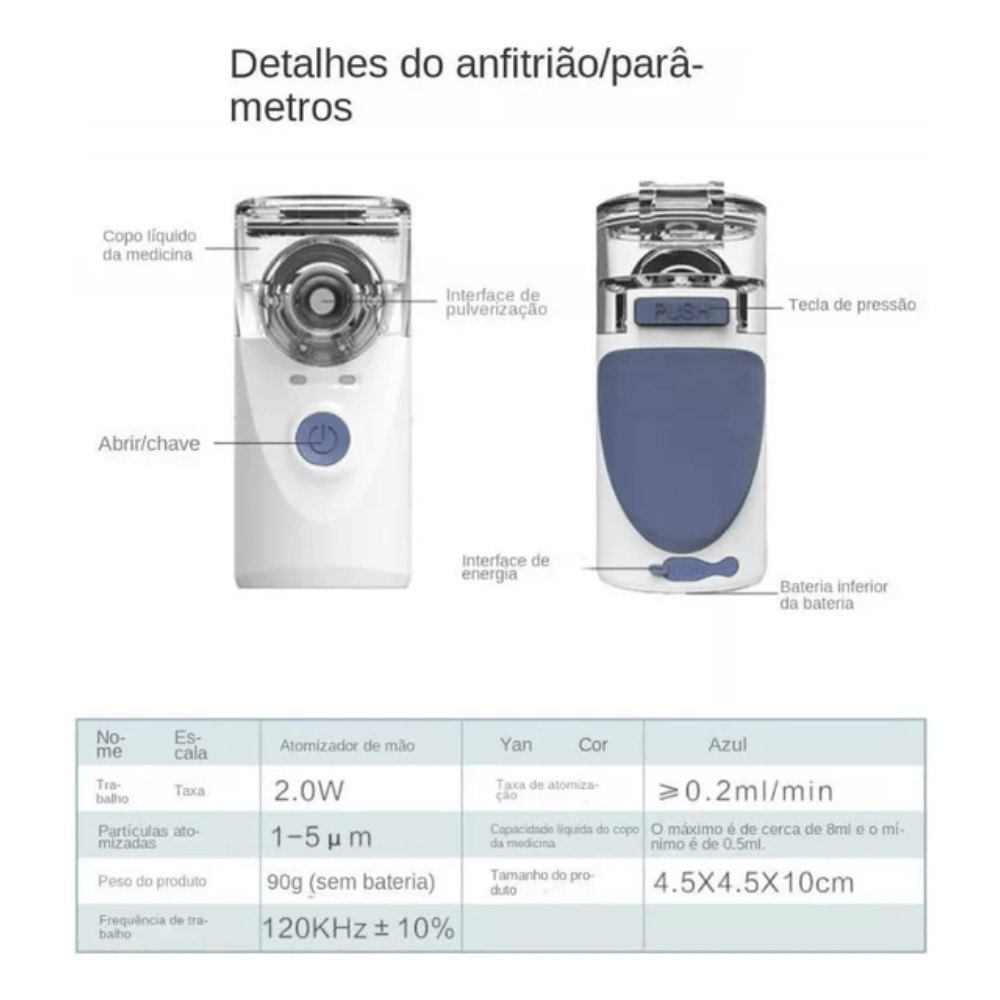 Nebulizador Inalador Portátil Ultrassônico para Tratamento Respiratório via USB/Pilha