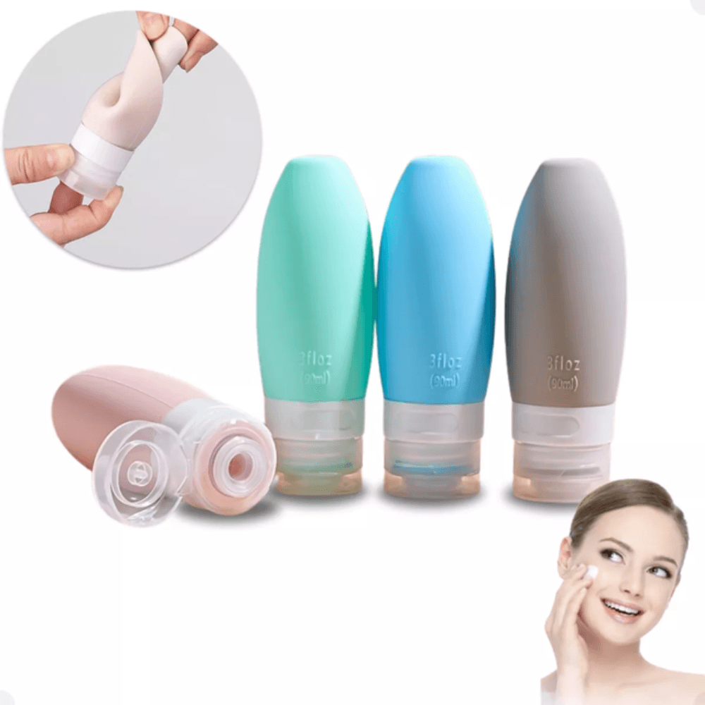 Kit Viagem 4 Frascos Silicone Porta Creme + Shampoo + Condicionador 90ml