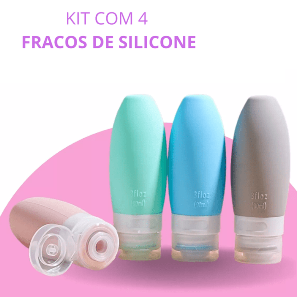 Kit Viagem 4 Frascos Silicone Porta Creme + Shampoo + Condicionador 90ml