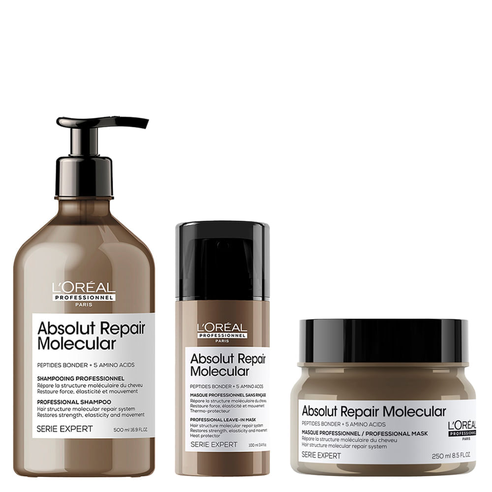 Kit L'oréal Professionnel Absolut Repair Molecular Shampoo 500ml + Máscara 250ml + Leave-in 100ml