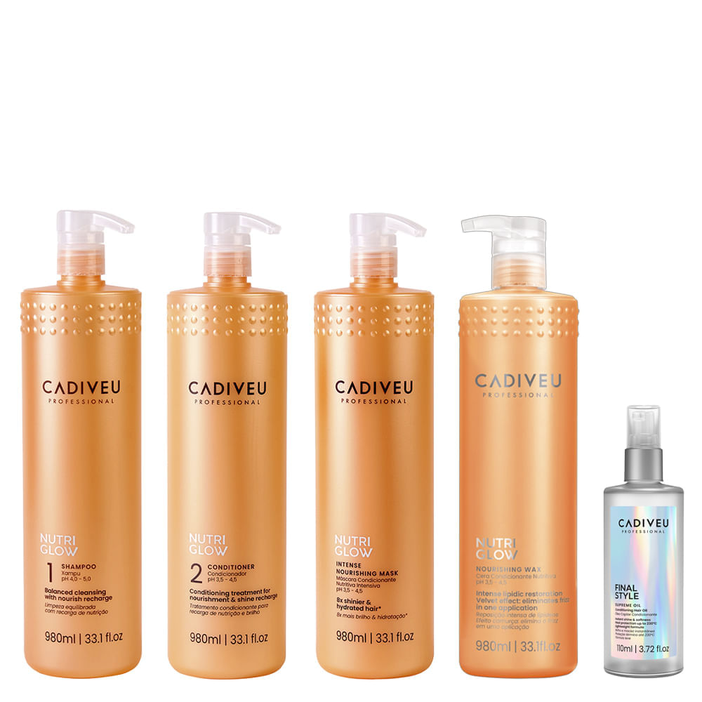 Kit Cadiveu Nutri Glow Shampoo 980ml + Condicionador 980ml + Máscara 980ml + Óleo Capilar 110ml + Cera Nutritiva Condicionante 980ml