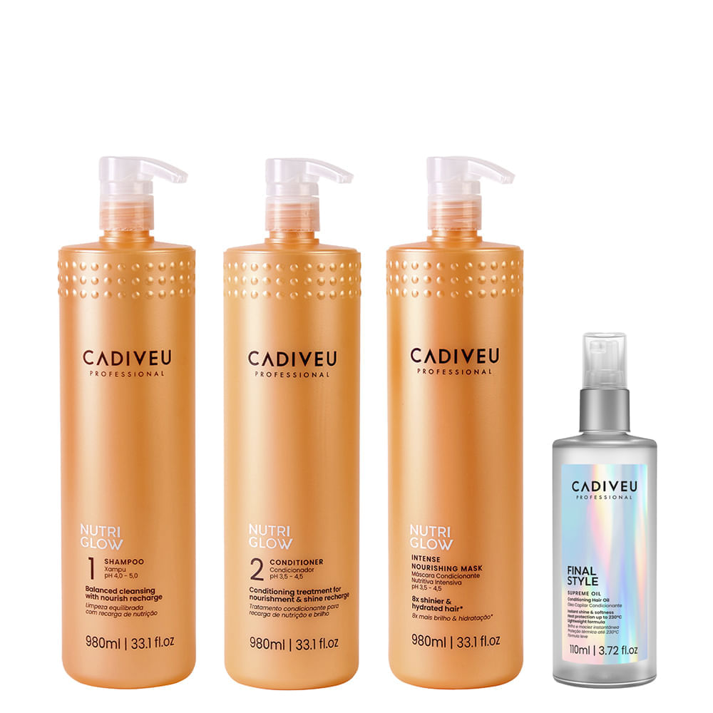 Kit Cadiveu Nutri Glow Shampoo 980ml + Condicionador 980ml + Máscara 980ml + Óleo Capilar Final Style Supreme Oil Multibenefícios 110ml