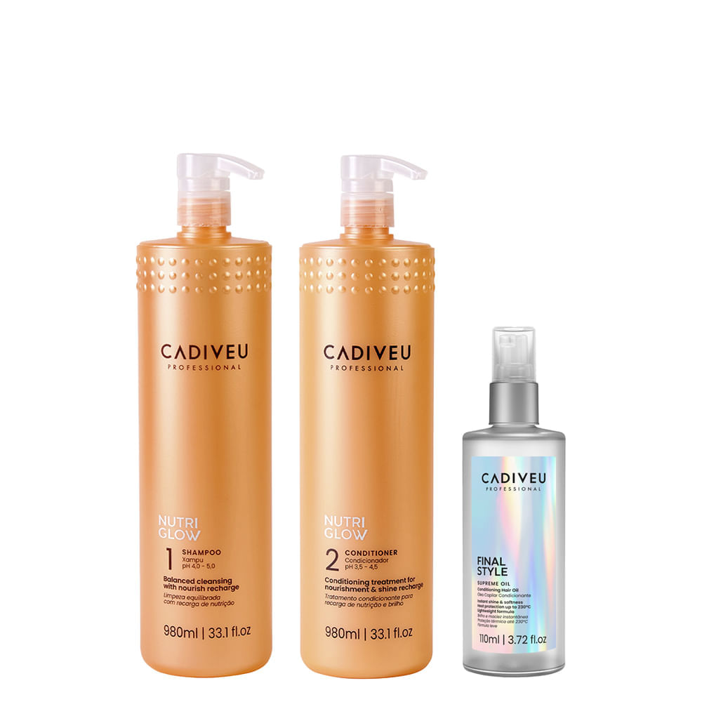 Kit Cadiveu Nutri Glow Shampoo 980ml + Condicionador 980ml + Óleo Capilar Final Style Multibenefícios 110ml
