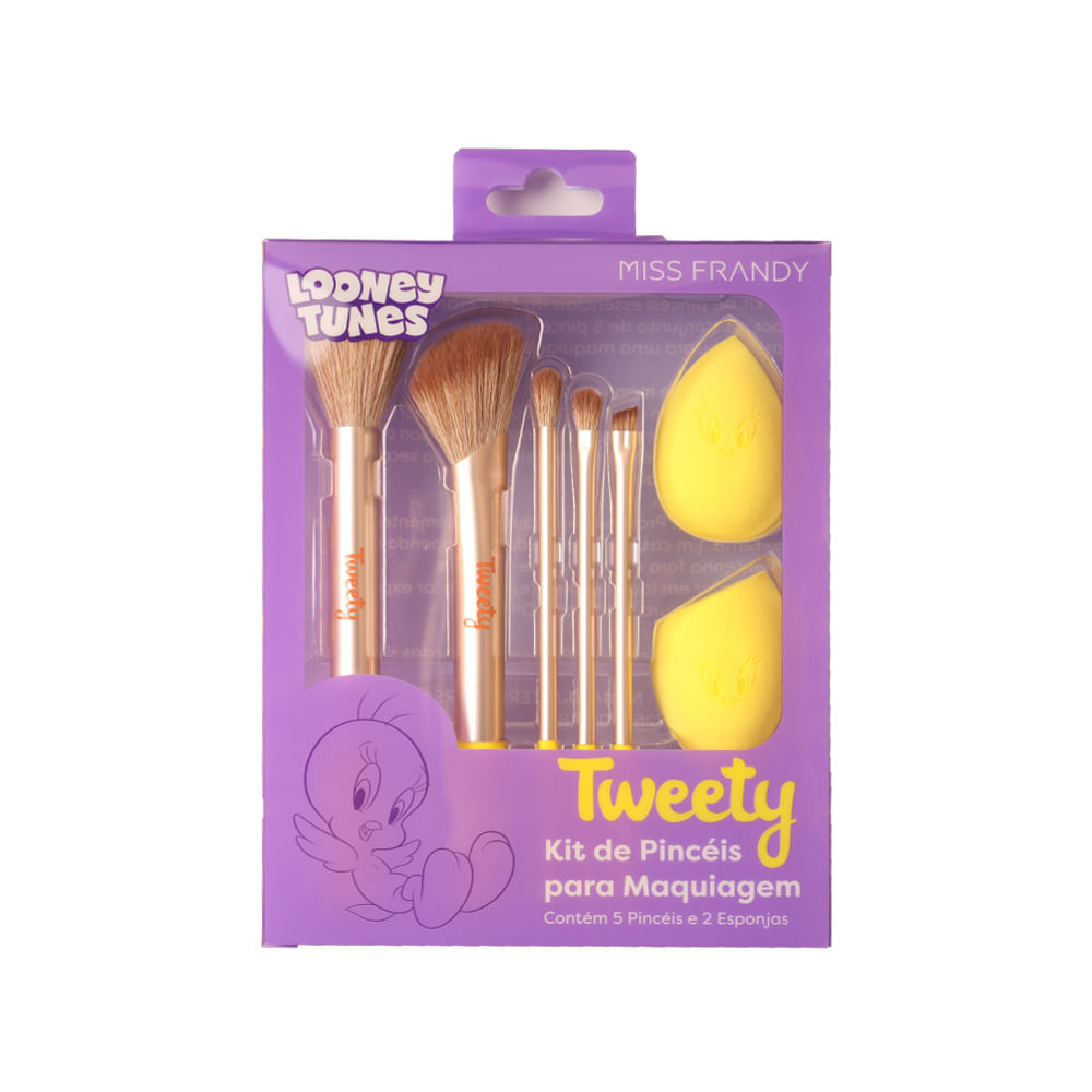 Kit De 5 Pincéis E 2 Esponjas Linha Tweety