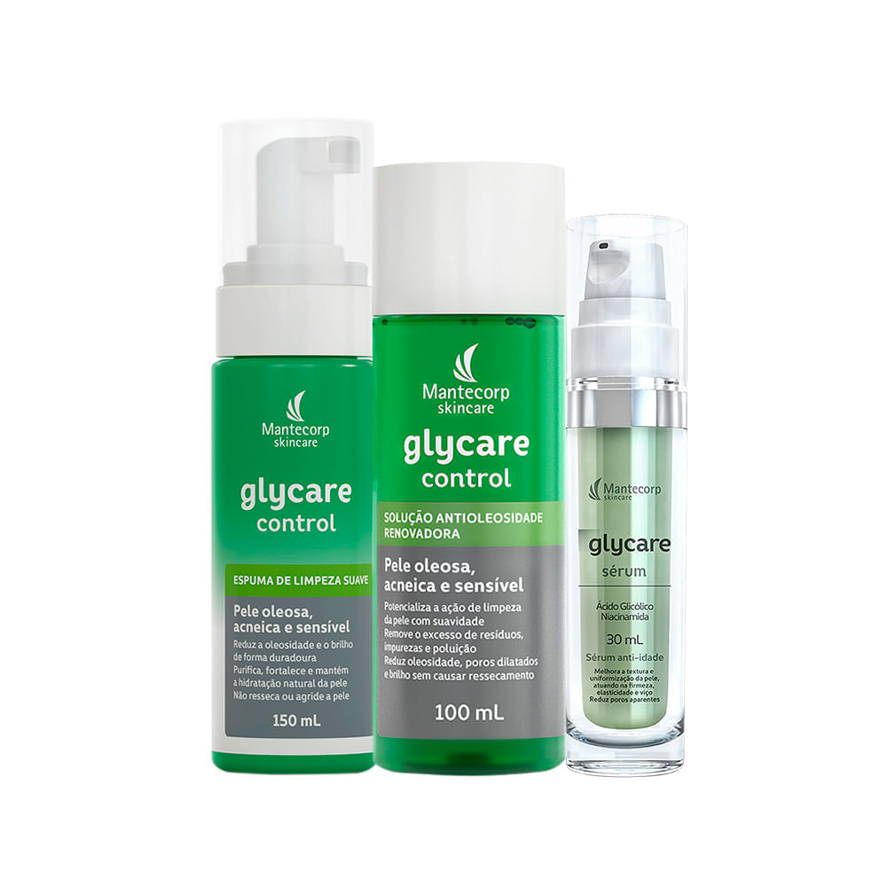 Kit Mantecorp Glycare Control Espuma De Limpeza Facial 150ml + Solução Antioleosidade Facial 100ml + Sérum 30ml