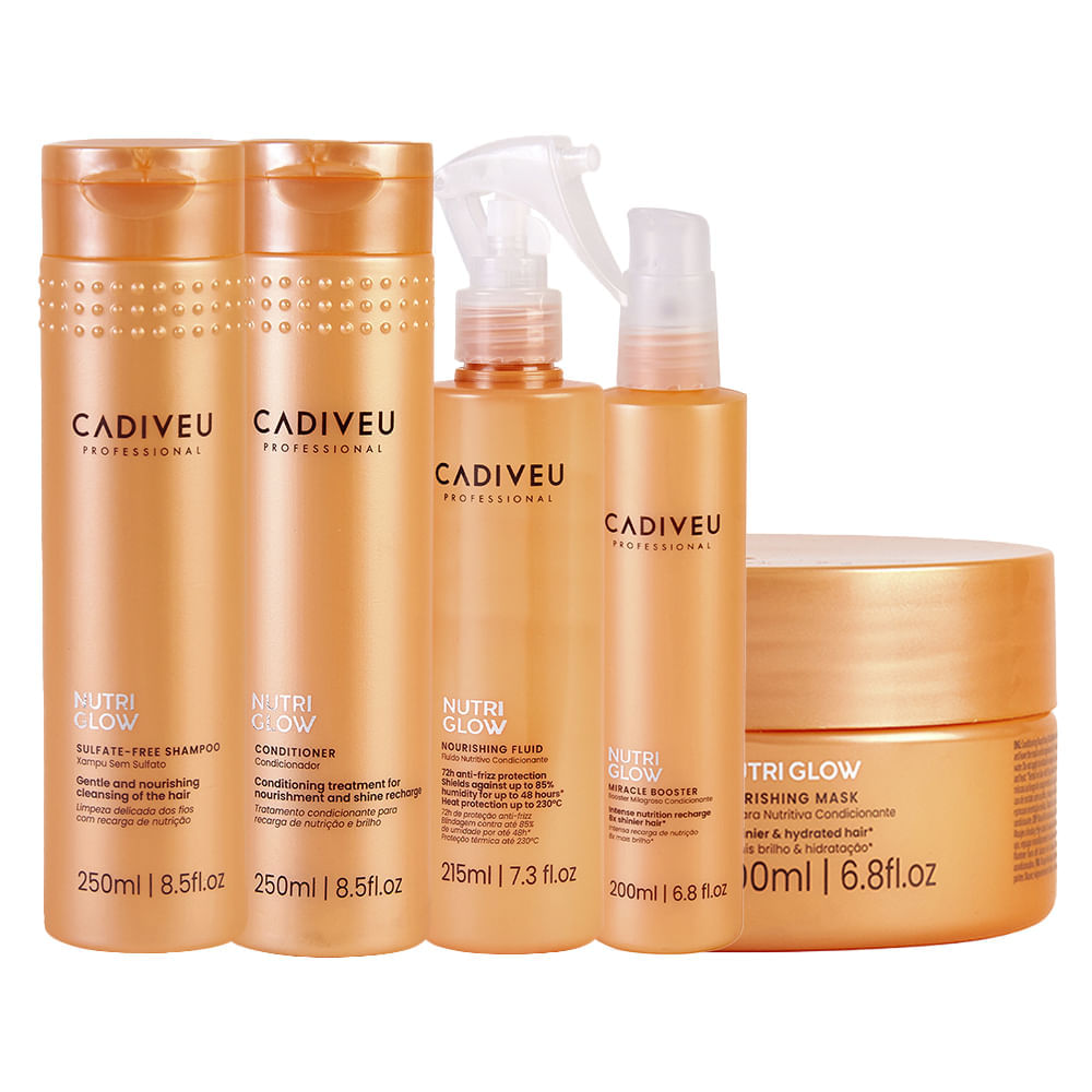 Kit Cadiveu Nutri Glow Shampoo 250ml + Condicionador 250ml + Máscara de Nutrição 200ml + Leave-in 215ml + Booster 200ml