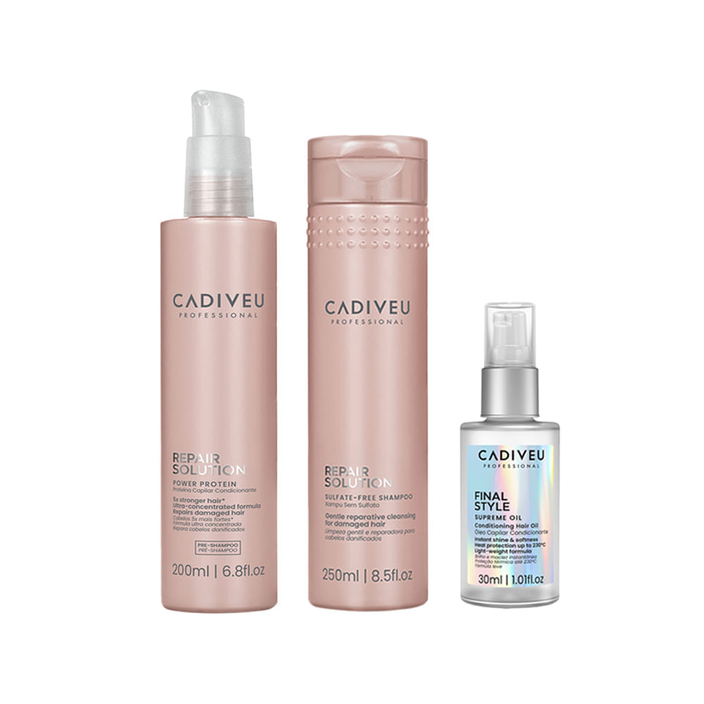 Kit Cadiveu Repair Solution Shampoo 250ml + Pré Shampoo Cadiveu Professional Repair Solution Proteína 200ml + Óleo Capilar Final Style 30ml