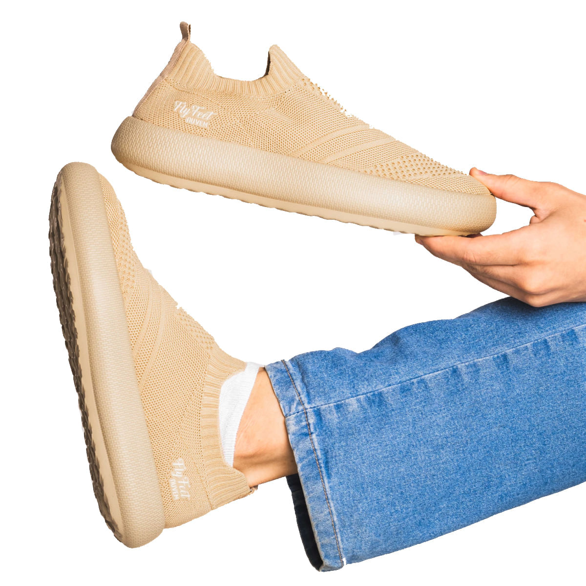 Tênis Ortopédico Flyfeet Nuvem Knit Ortho Pauher Bege Tamanho 34/35