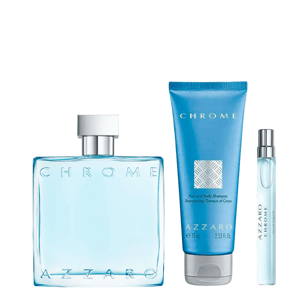 Kit Azzaro Chrome Masculino Eau De Toilette 100ml + Hair & Body Shampoo 75ml + Miniatura 10ml