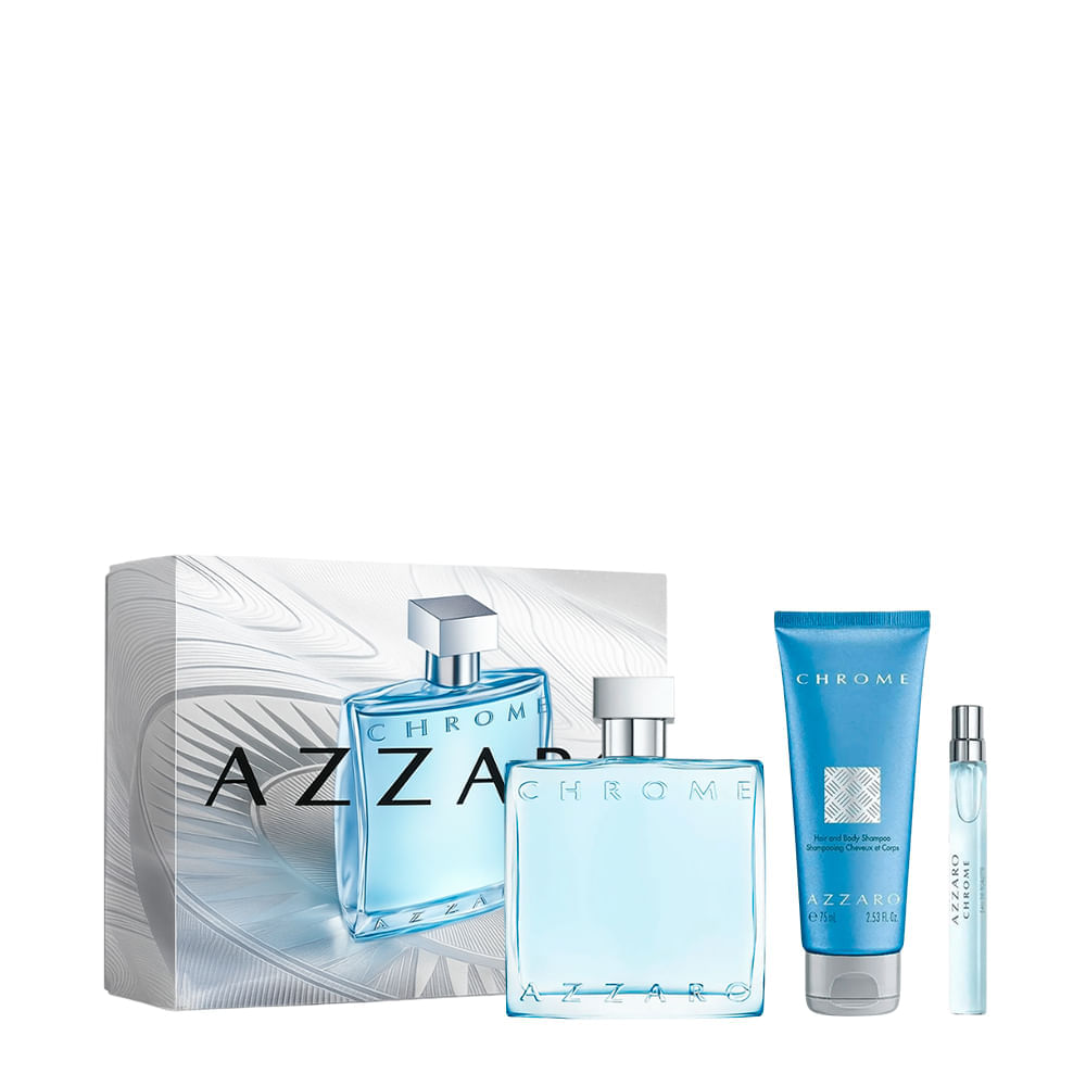 Kit Azzaro Chrome Masculino Eau de Toilette 100ml + Hair & Body Shampoo 75ml + Miniatura 10ml