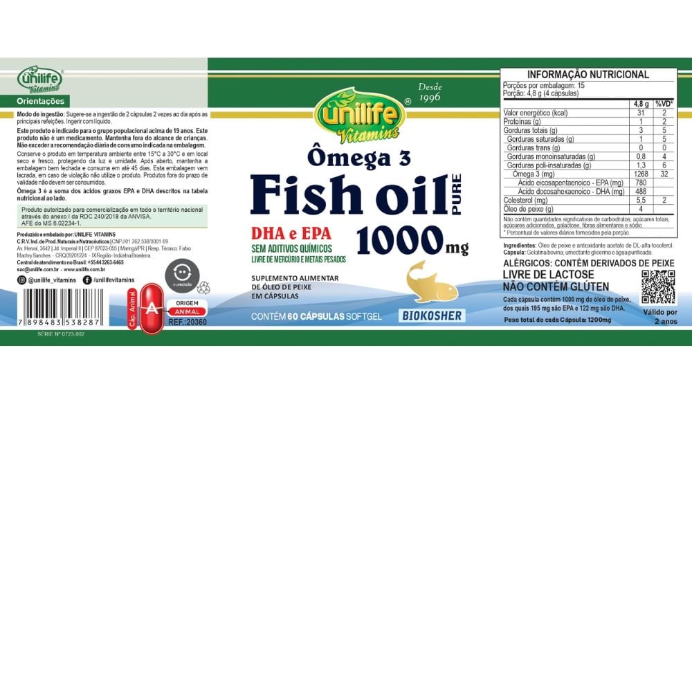 Ômega 3 Fish Oil Unilife 1000mg 60 Cápsulas