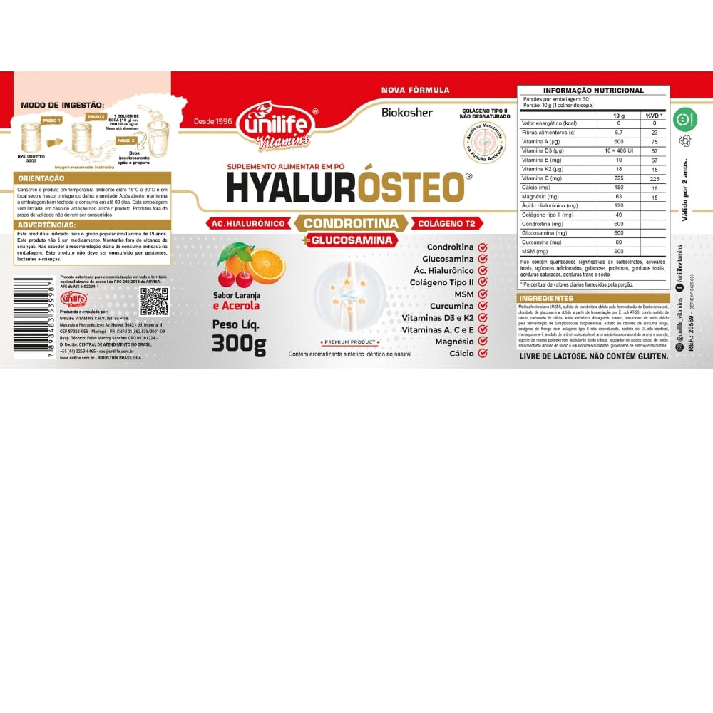 Glucosamina, Condroitina e Colágeno Tipo 2 Hyalurósteo Unilife 300g