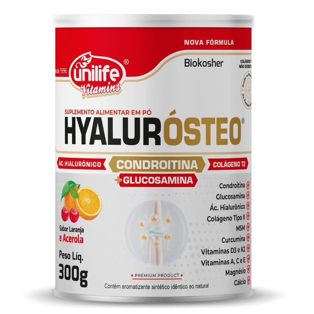 Glucosamina, Condroitina e Colágeno Tipo 2 Hyalurósteo Unilife 300g