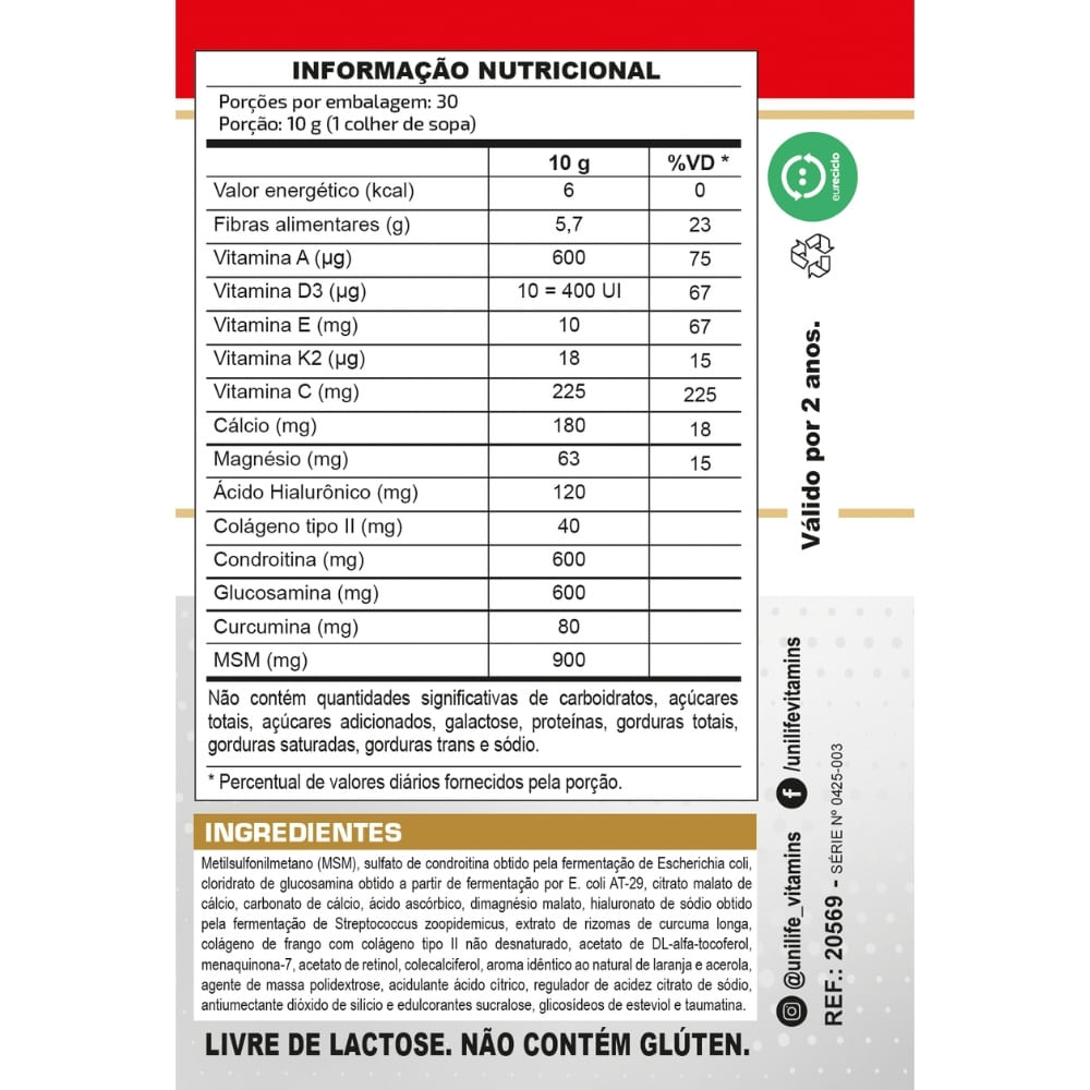Glucosamina, Condroitina e Colágeno Tipo 2 Hyalurósteo Unilife 300g