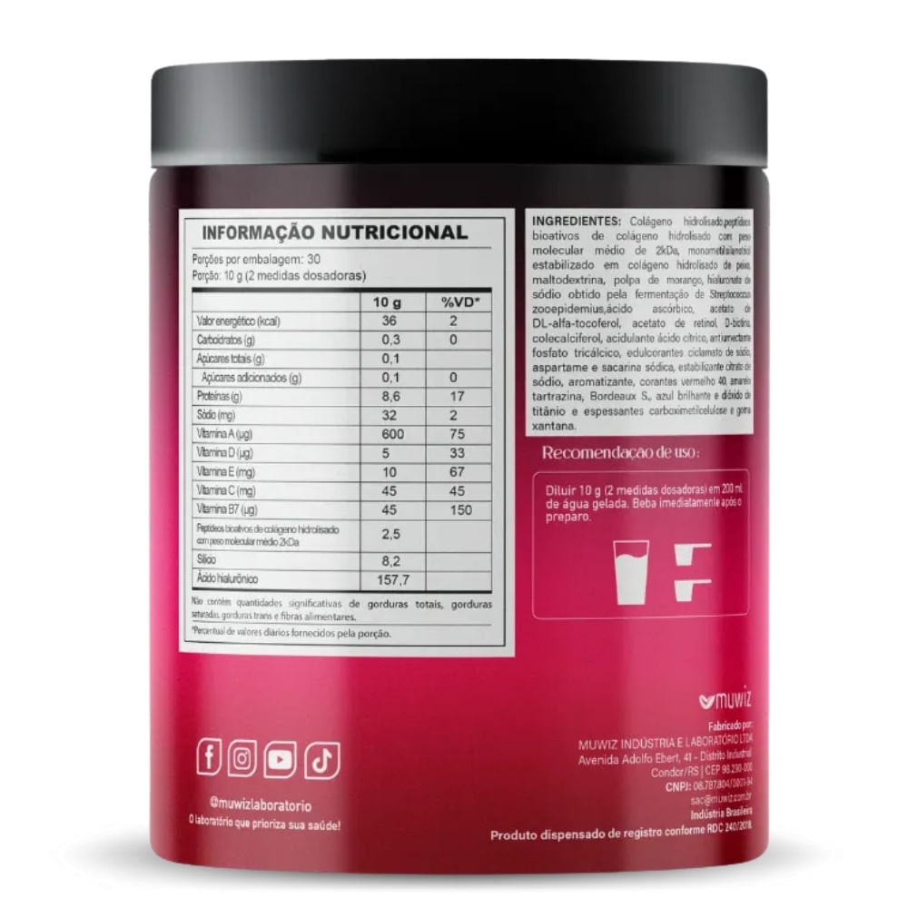 Colágeno Verisol com Ácido Hialurônico Muwiz Sabor Morango 300g