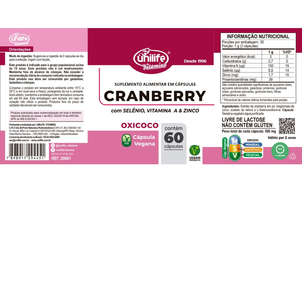 Cranberry Unilife 500mg 60 Cápsulas