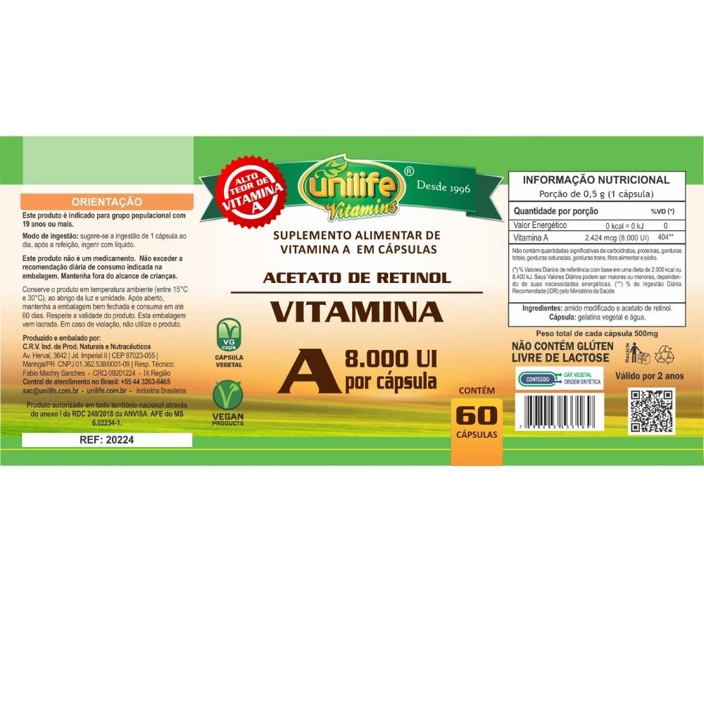 Vitamina A 8000 UI Retinol Unilife 500mg 60 cápsulas