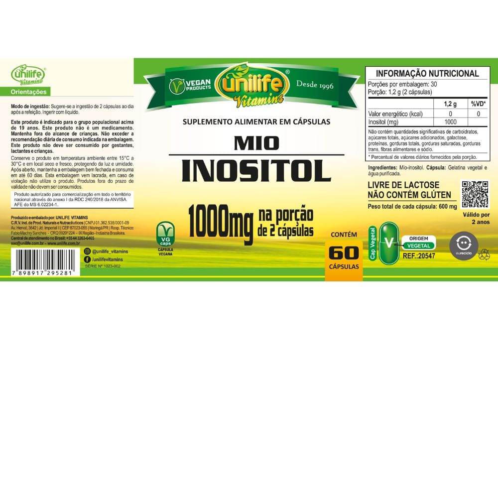 Inositol Unilife 600mg 60 Cápsulas