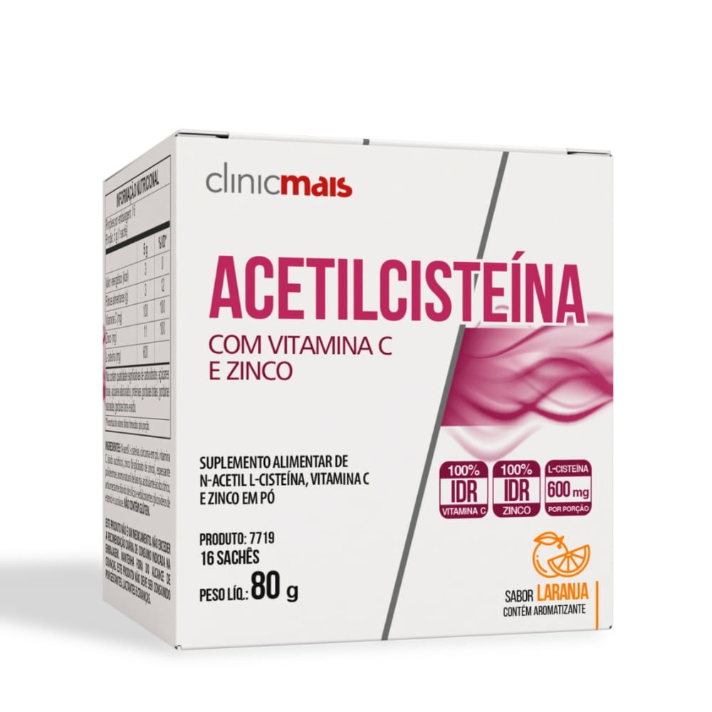 N-Acetilcisteína NAC ClinicMais Sabor Laranja 16 sachês 5g