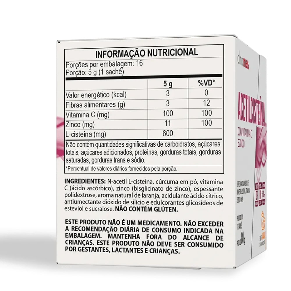 N-Acetilcisteína NAC ClinicMais Sabor Laranja 16 sachês 5g