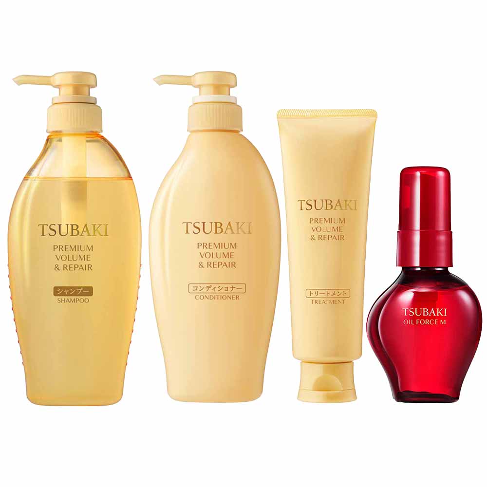 Kit Shampoo + Condicionador + Tratamento + Óleo Capilar Tsubaki Premium Volume & Repair E Óleo Camellia