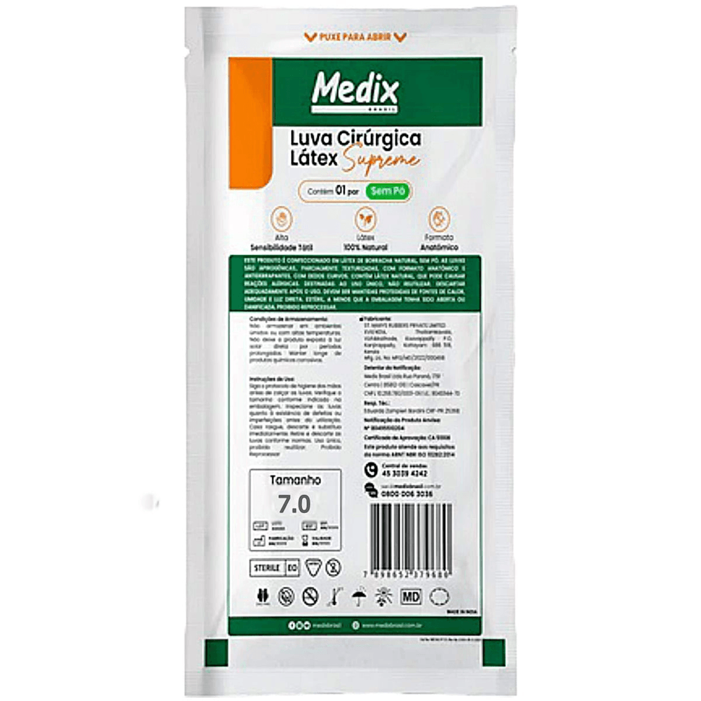 Luva Cirúrgica Supreme Medix 7.0 Estéril Látex Sem Pó Medix Par