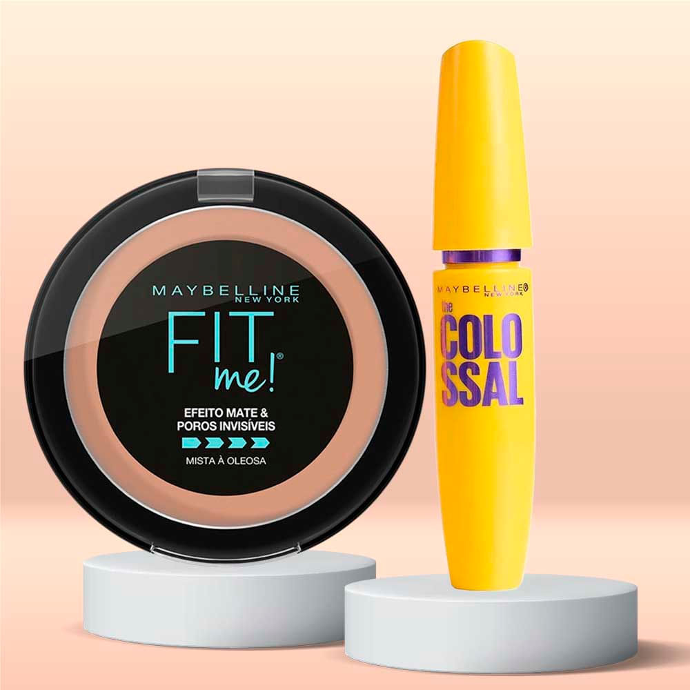 Kit Maybelline Pó Compacto Fit Me! R05 Médio Rosado + Máscara de Cílios The Colossal Volum' Express Lavável Preto