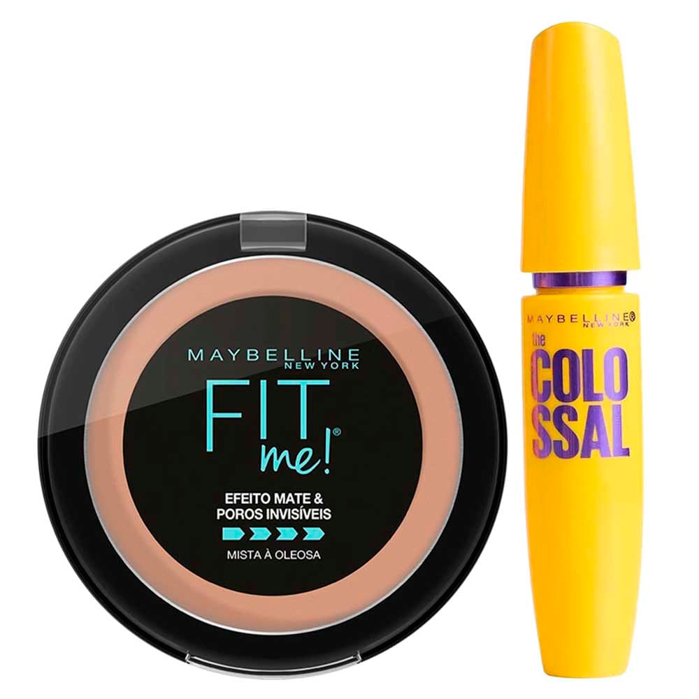 Kit Maybelline Pó Compacto Fit Me! R05 Médio Rosado + Máscara de Cílios The Colossal Volum' Express Lavável Preto